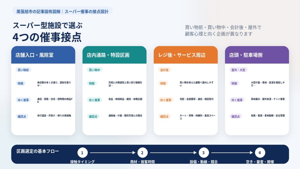 尾張旭市のスーパー型商業施設で店舗入口・店内通路・レジ後・店頭駐車場を選び分ける催事接点ガイド