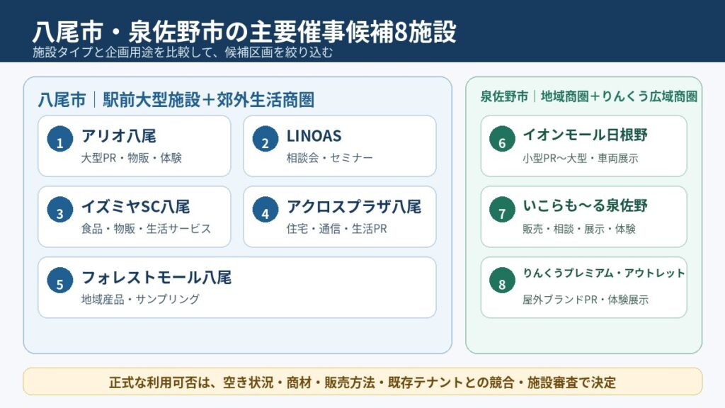 八尾市と泉佐野市の主要催事候補8施設を、施設タイプと相性の良い催事用途別に整理した図